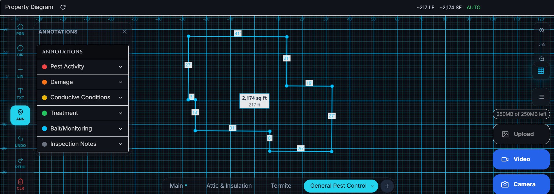 THIO property diagram generated automatically from a street address: a house outline with every wall segment measured, totals of 217 linear feet and 2,174 square feet, an annotation palette on the left, camera and video buttons on the right, and separate sheets per service along the bottom