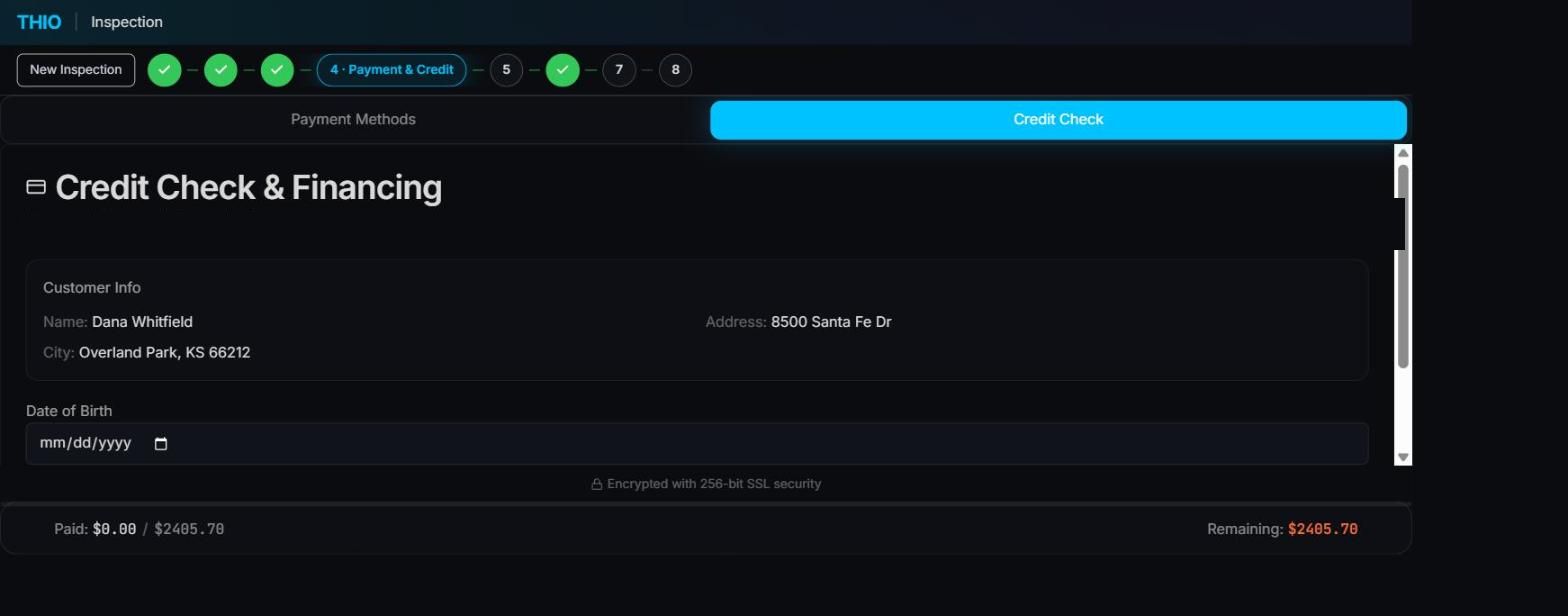 THIO credit check and financing screen, with the customer's details carried over from the inspection