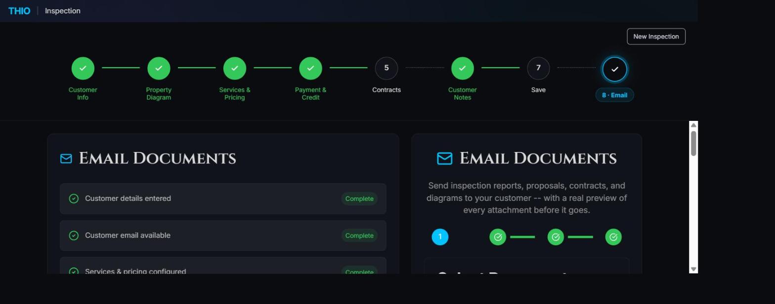 THIO email step showing document selection with a preview of every attachment before sending