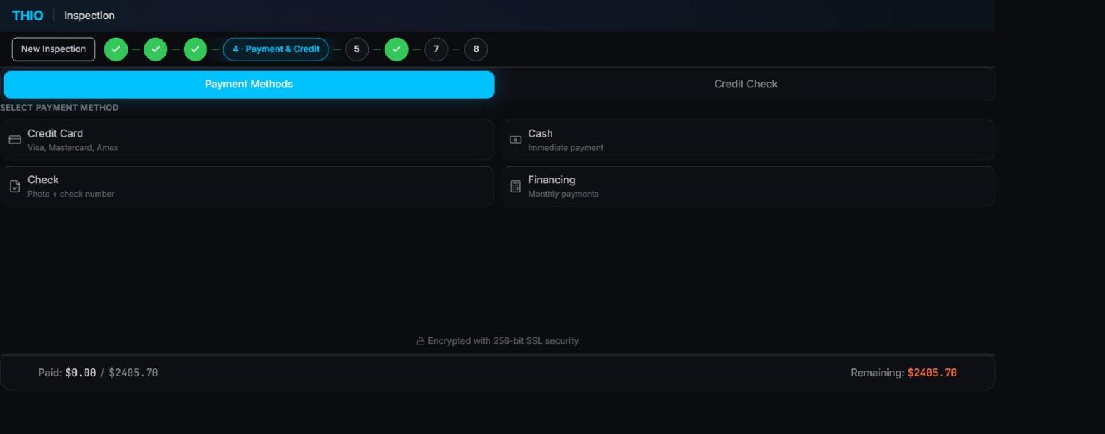 THIO payment step offering credit card, cash, check and financing, with a running paid and remaining balance