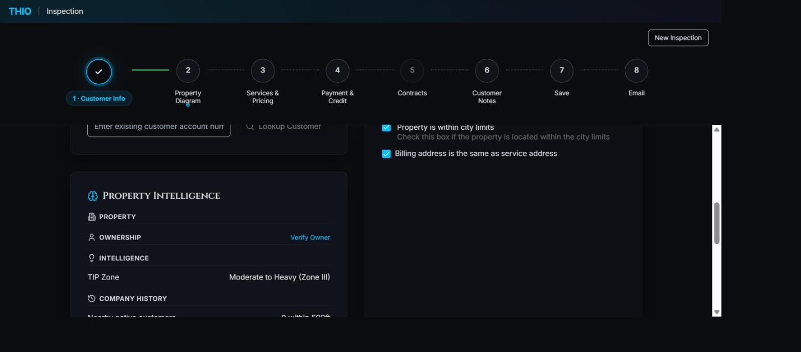 THIO Property Intelligence panel showing termite pressure zone, owner verification, and nearby customer history