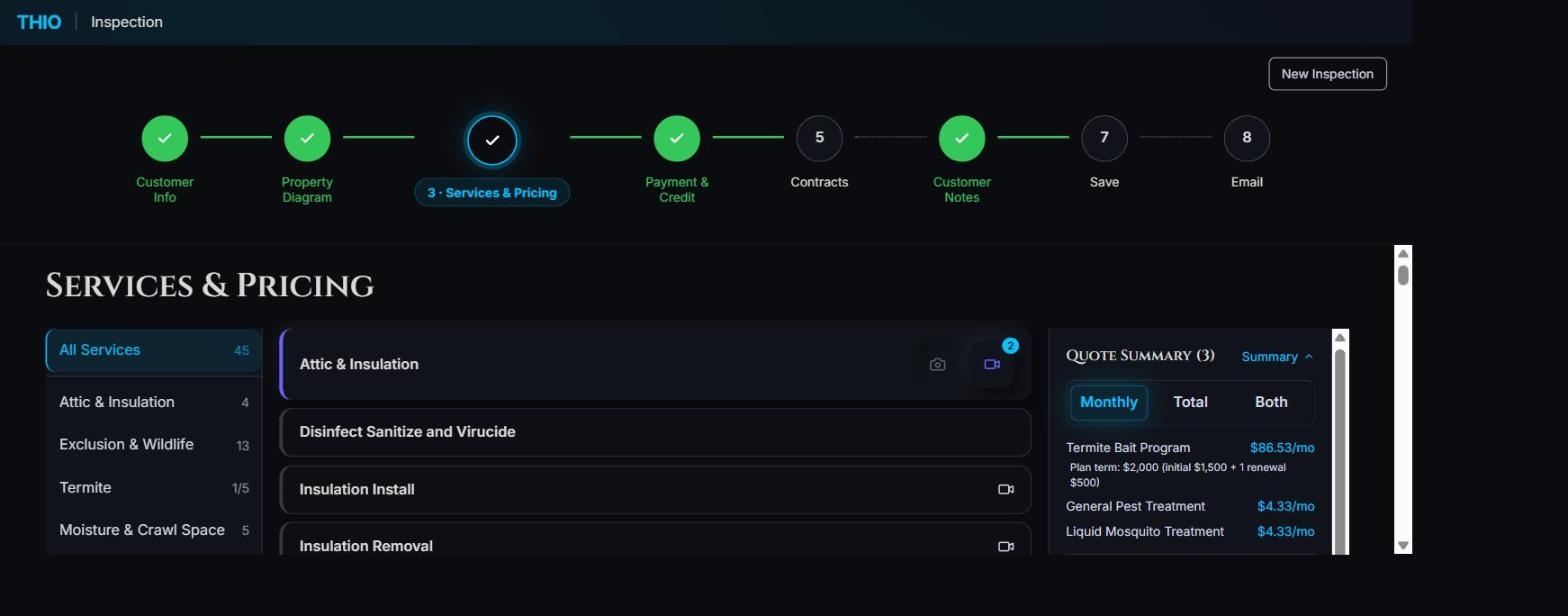 THIO quote summary listing three selected services with monthly pricing and a monthly, total and both view toggle