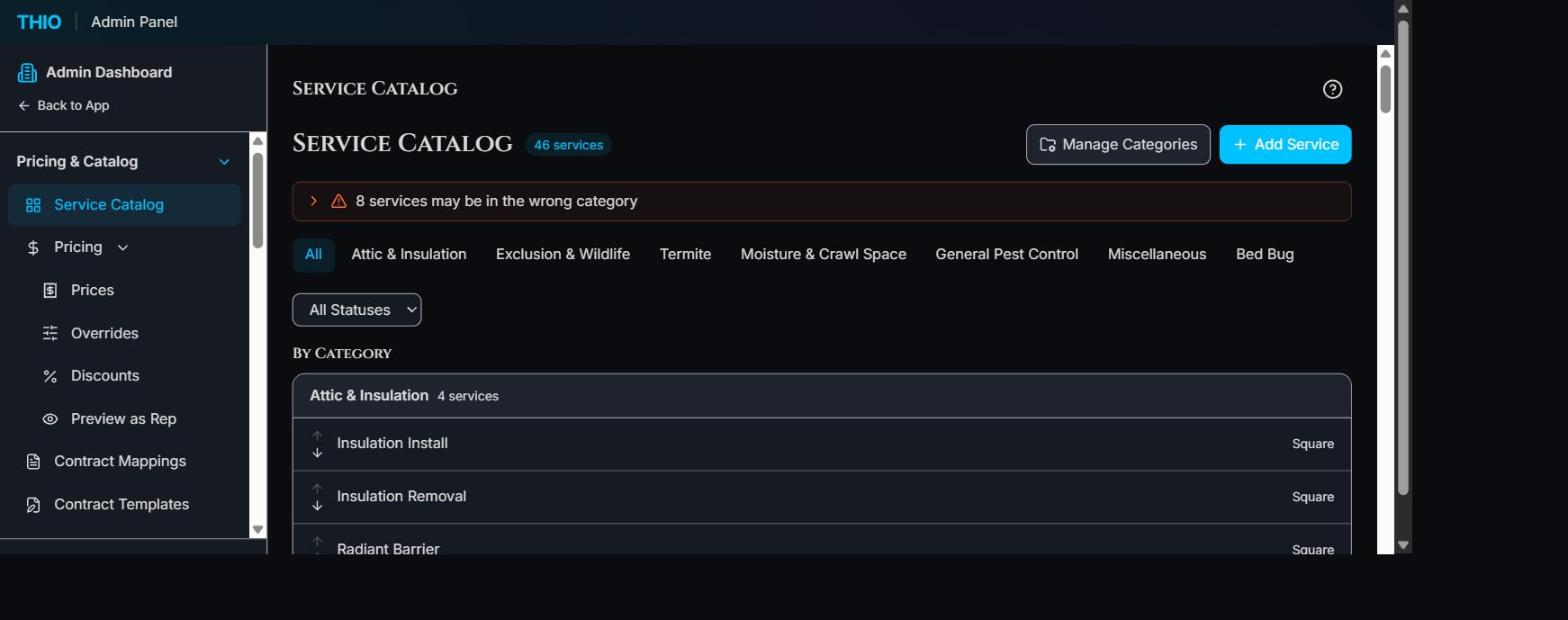 THIO service catalog showing 46 services grouped into seven categories, each labelled with its pricing model