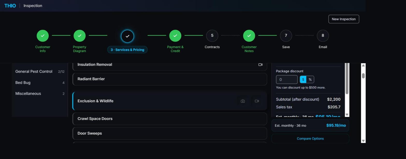 THIO services and pricing screen showing a quote in progress with a package discount field and the remaining discount allowance